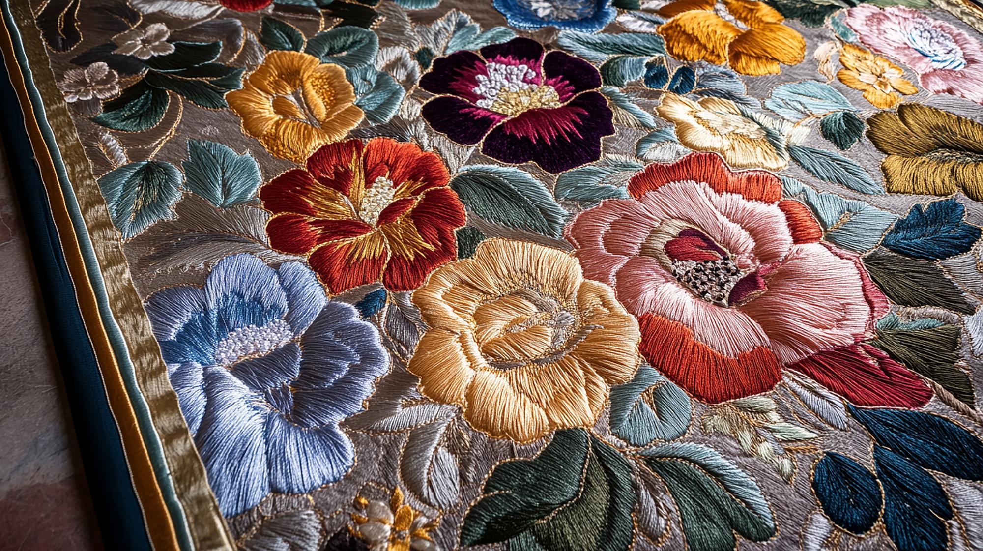 Großes gesticktes Wandpanel mit floralen Motiven